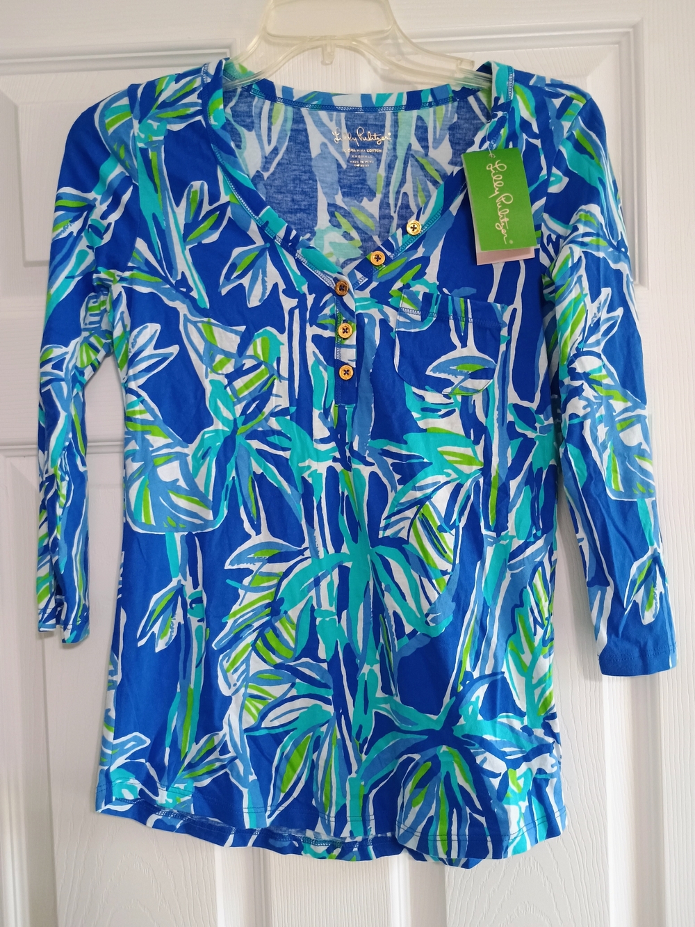Lilly Pulitzer Blue Tropical Print Henley Top